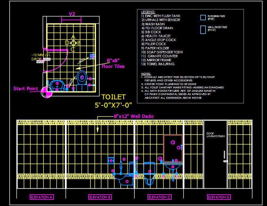 Toilet CAD Drawing (5'x7') - Plan, Elevations, Tile Details